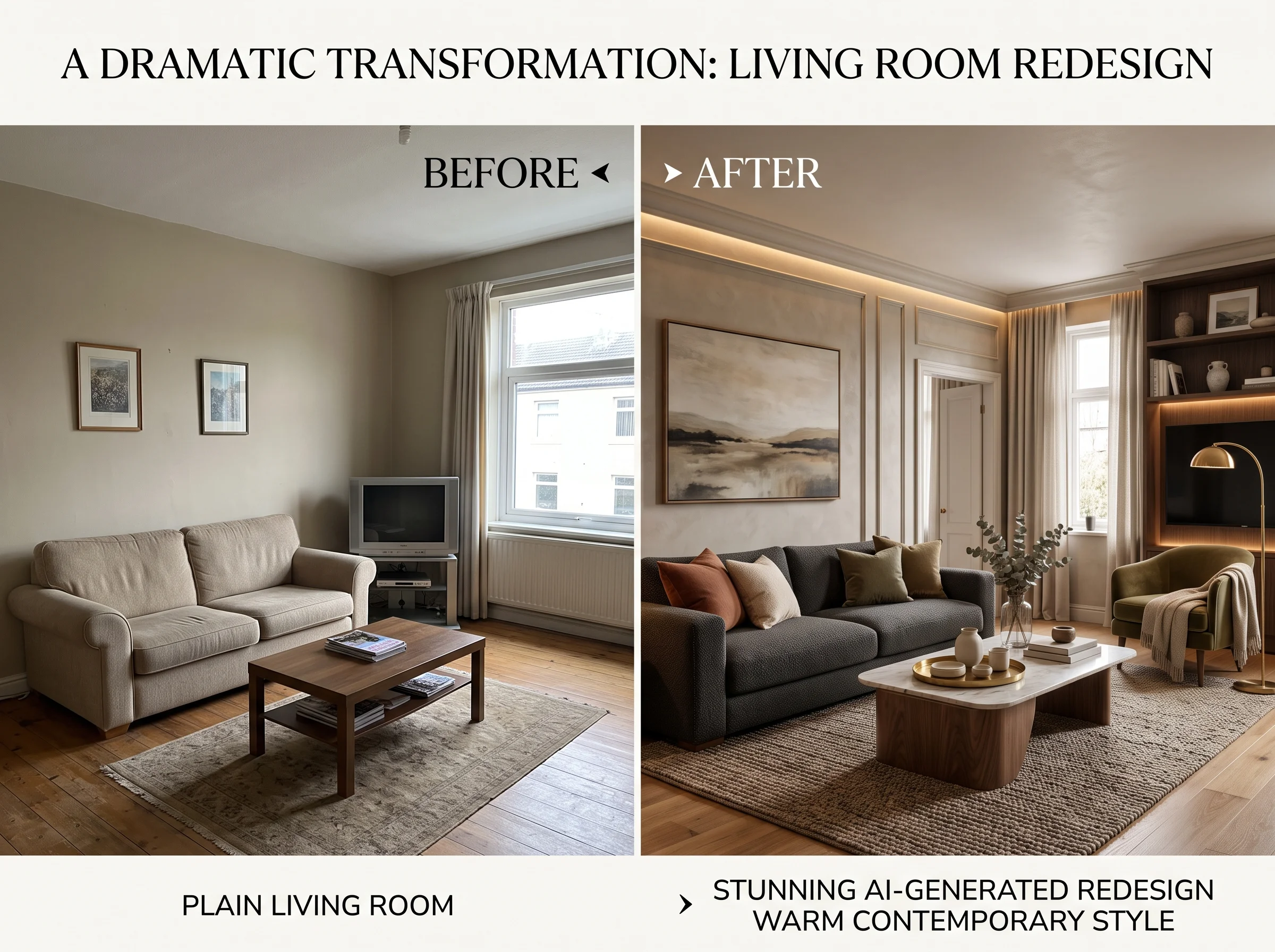 AI photorealistic rendering of a room compared to traditional 3D rendering