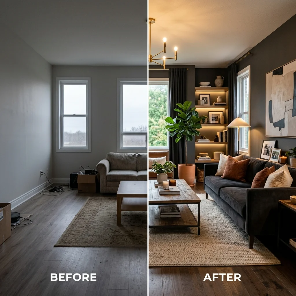 Virtual room staging before and after