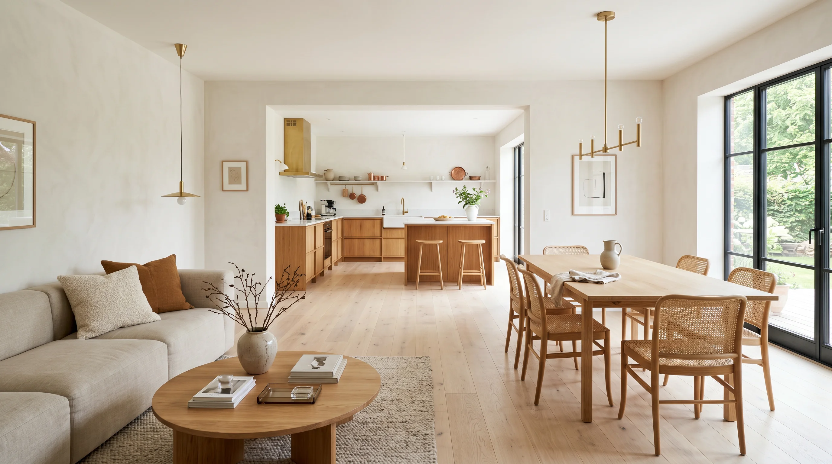 Open-plan home interior showing living, dining and kitchen in cohesive style