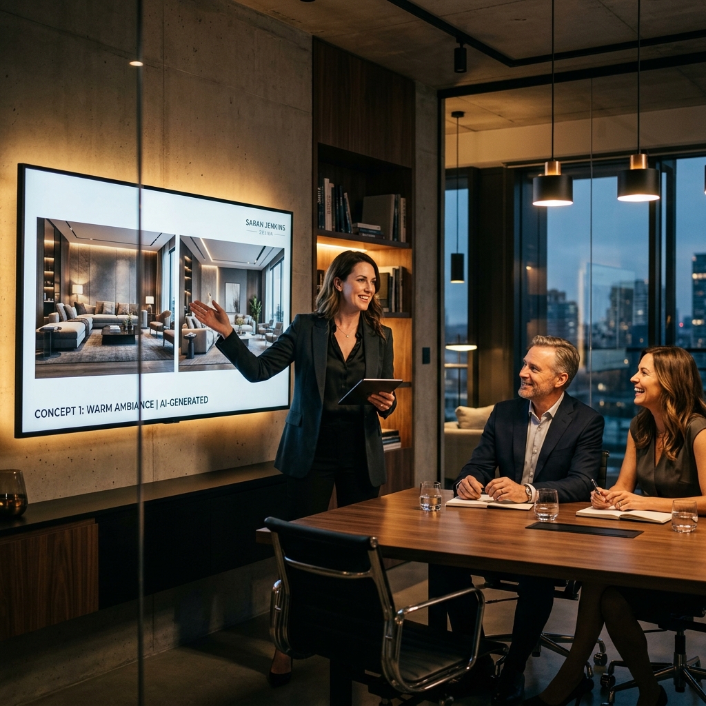 Designer presenting AI concepts to clients