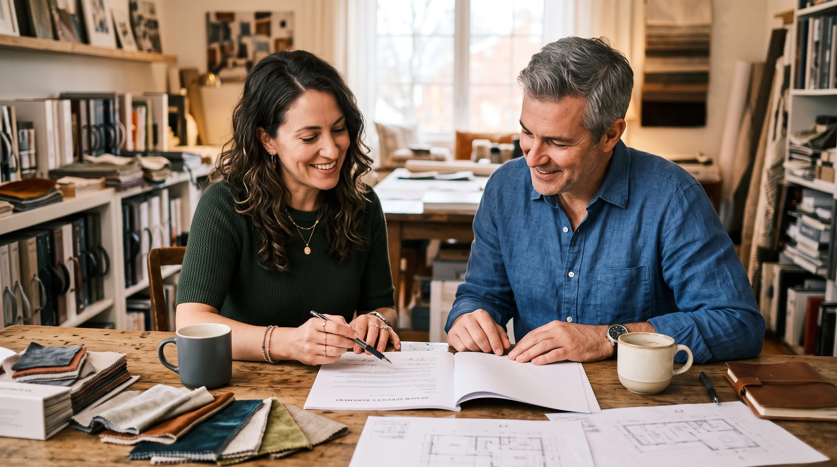 Designer and client reviewing an interior design contract together