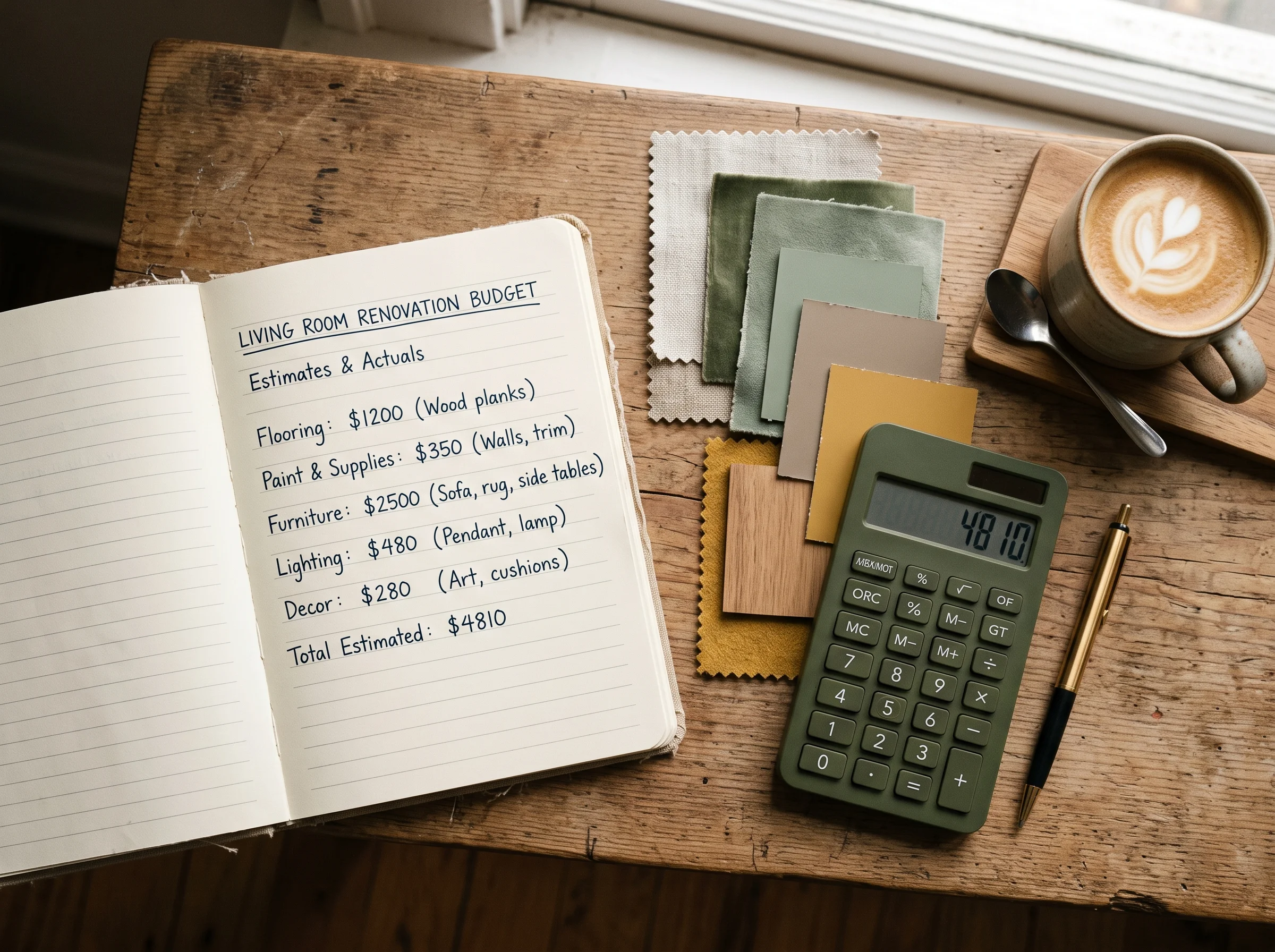 Interior design project budget breakdown across furniture, labor, and materials