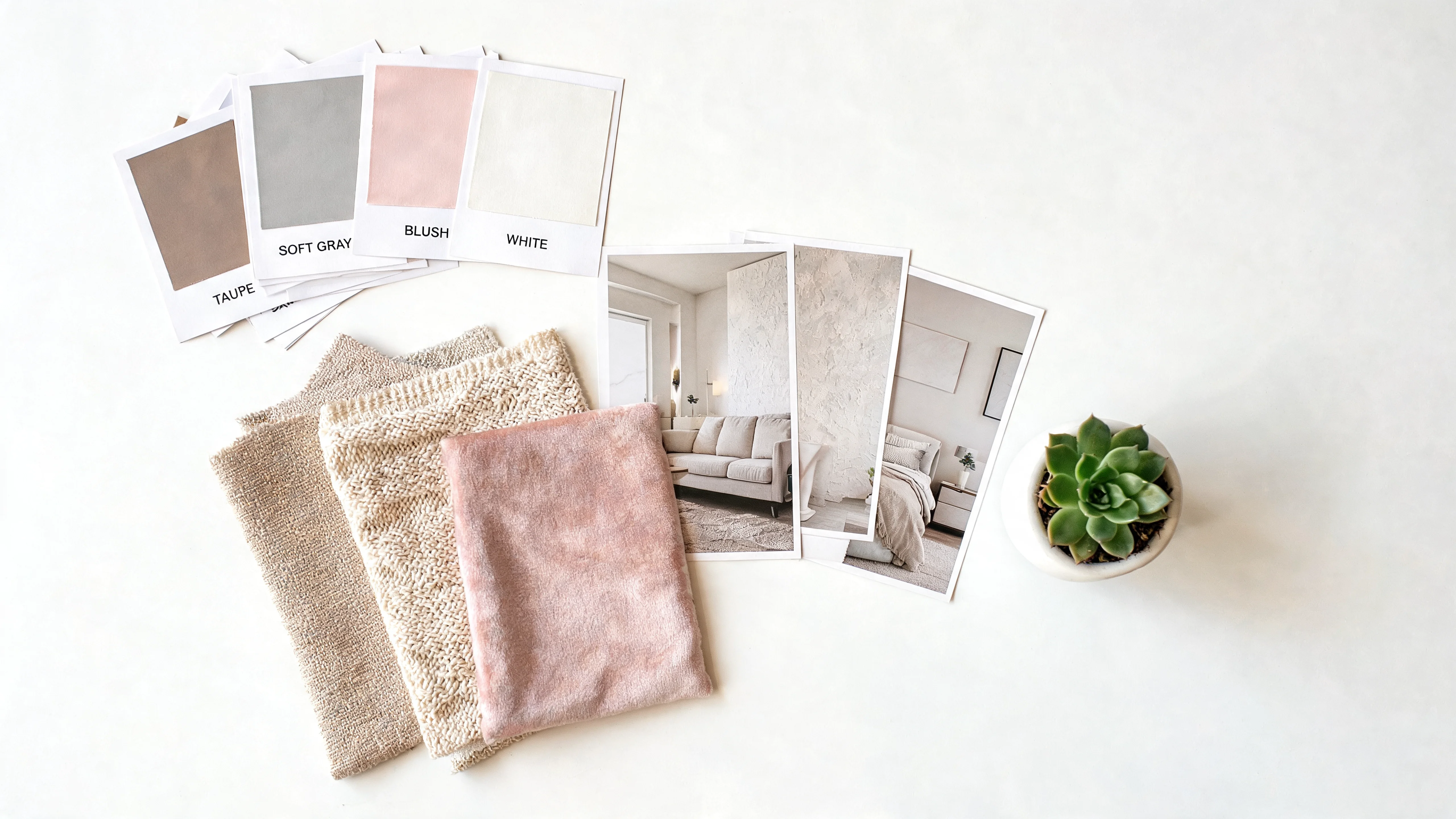 Interior design mood board with fabric swatches, paint chips and reference photos