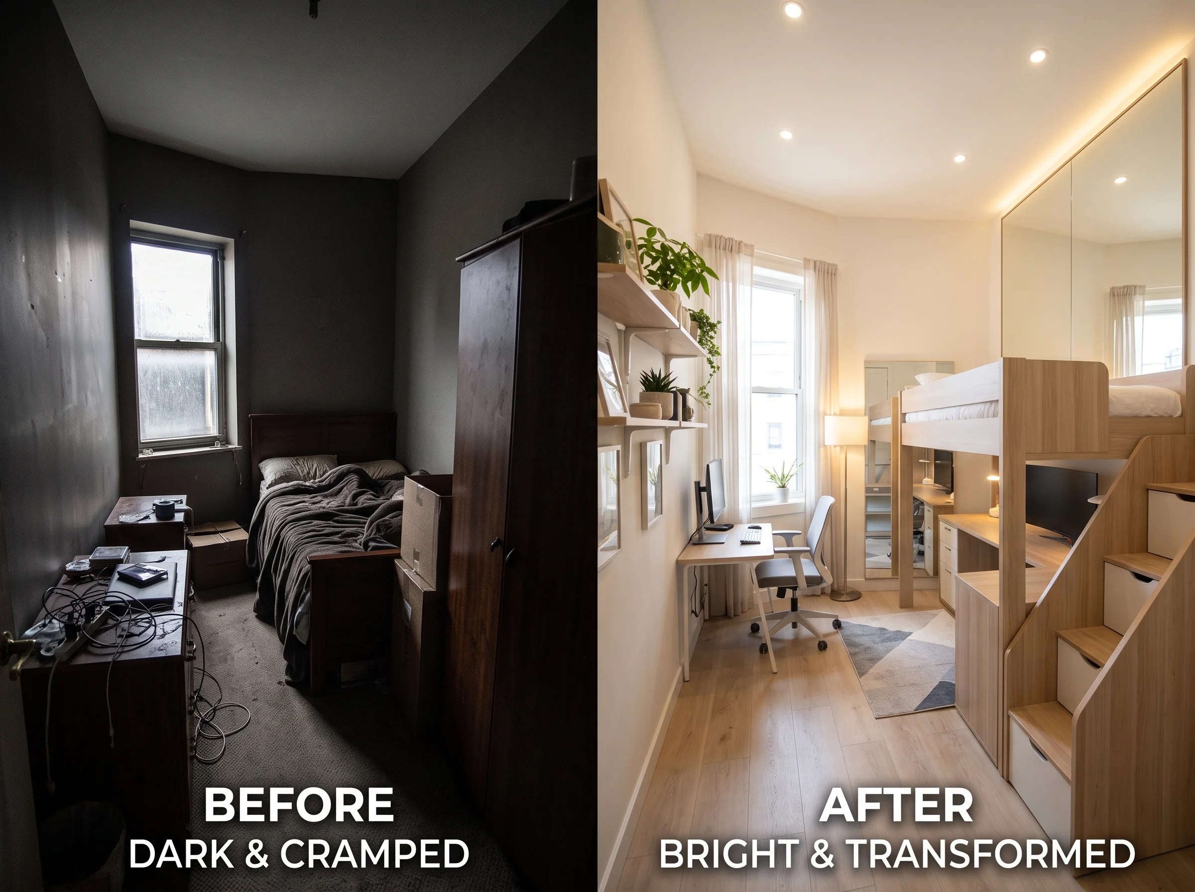 Before and after room transformation showing common decorating problems solved