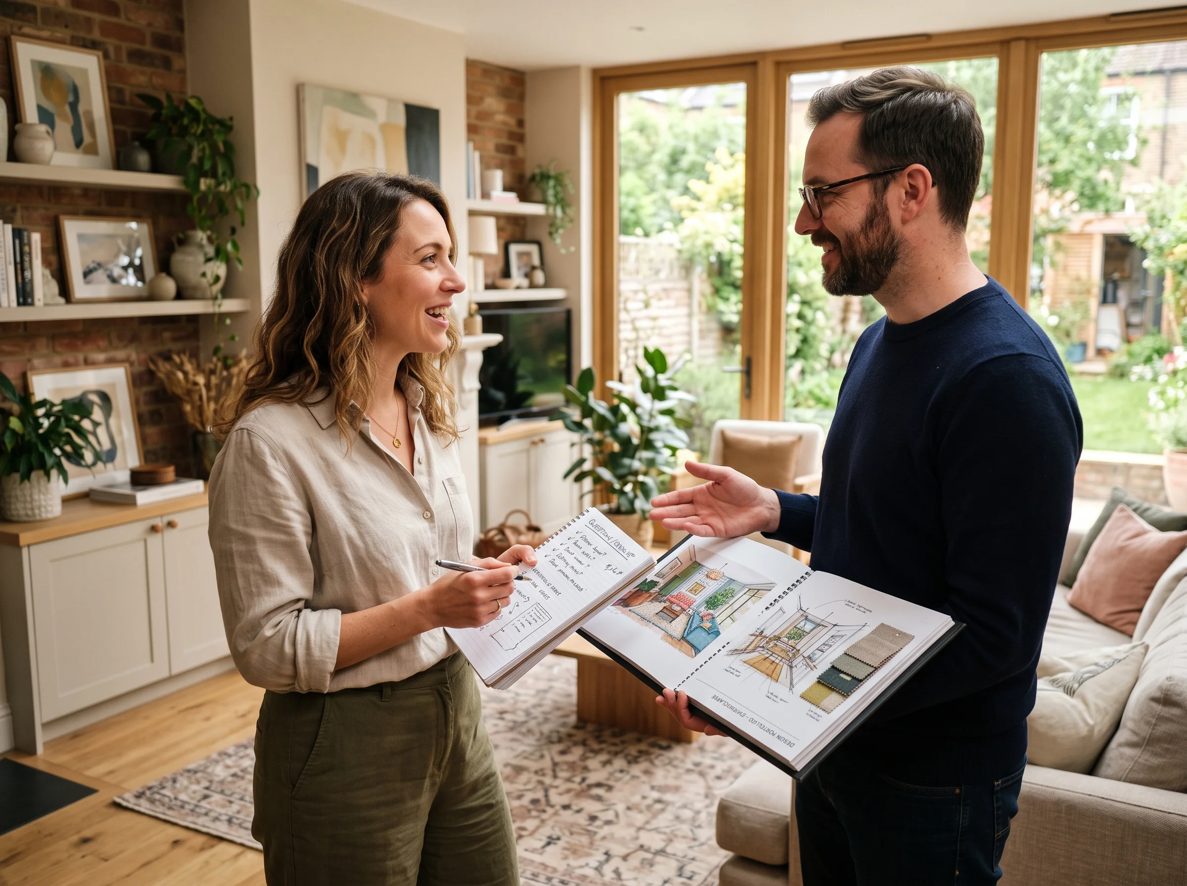 Homeowner interviewing an interior designer with visual references on the table
