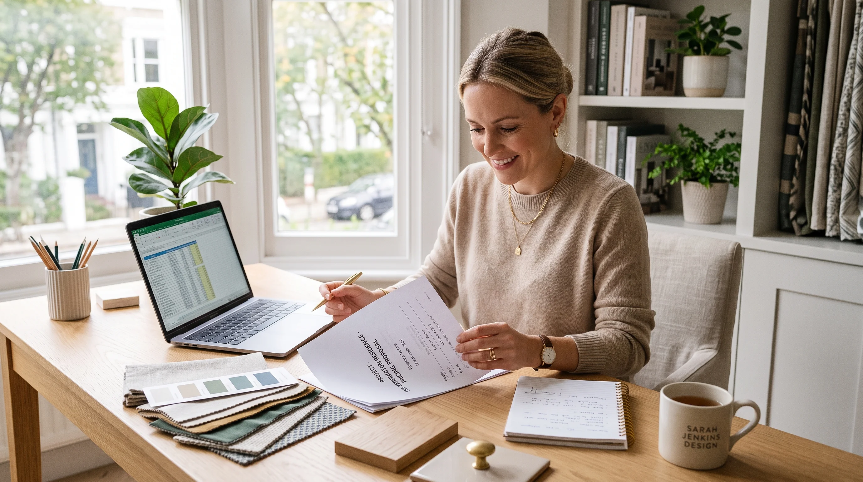 Interior designer reviewing pricing proposals at a professional desk