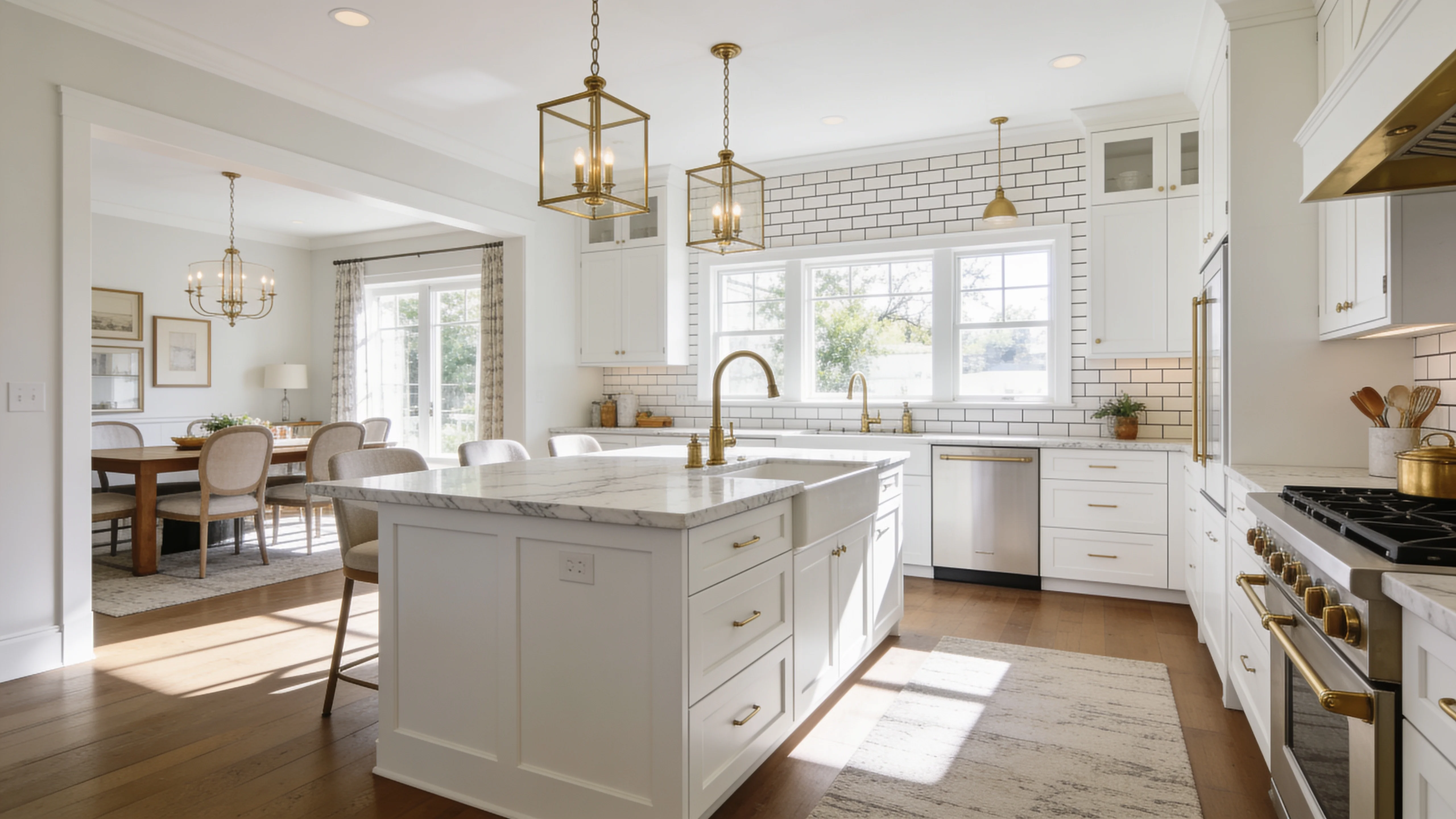 Modern kitchen design with white cabinets, marble countertops and brass fixtures
