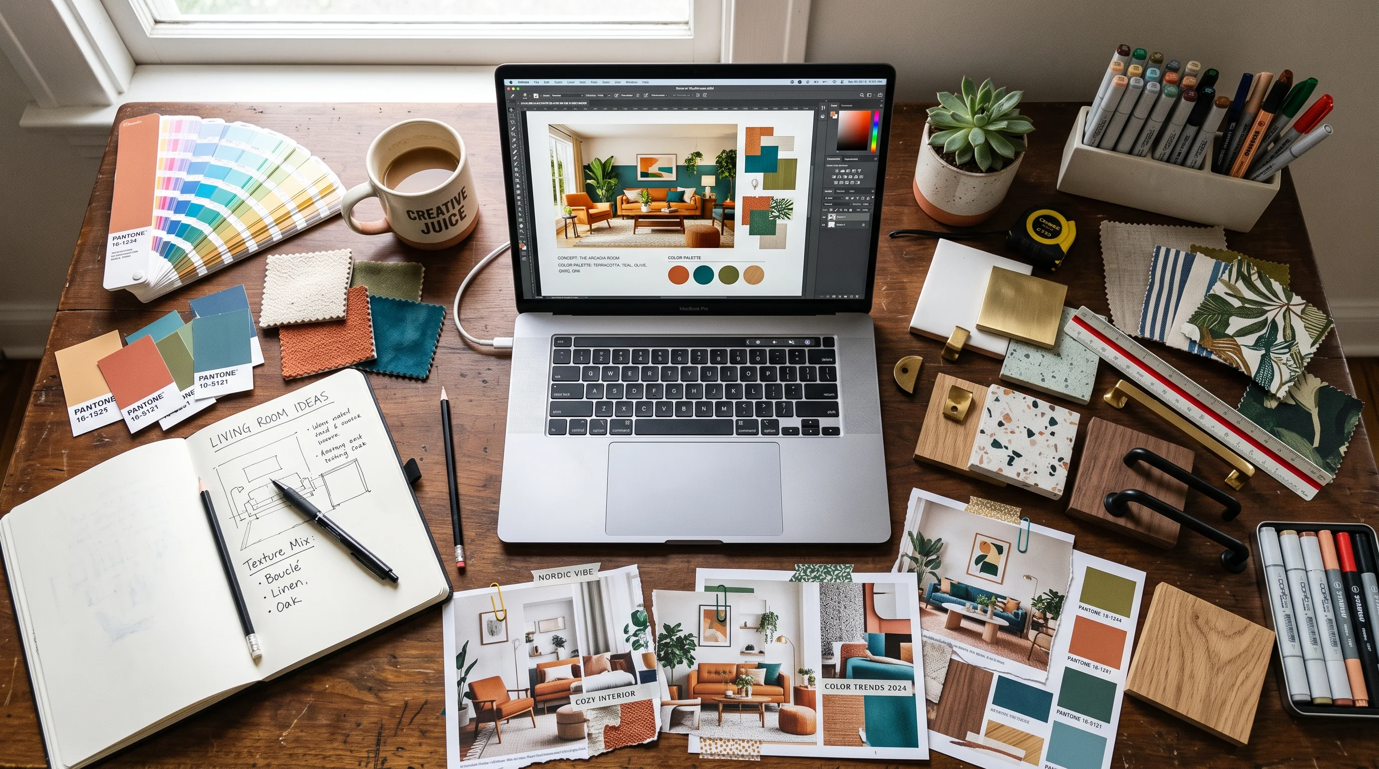 Interior design mood board with color swatches, material samples and reference images