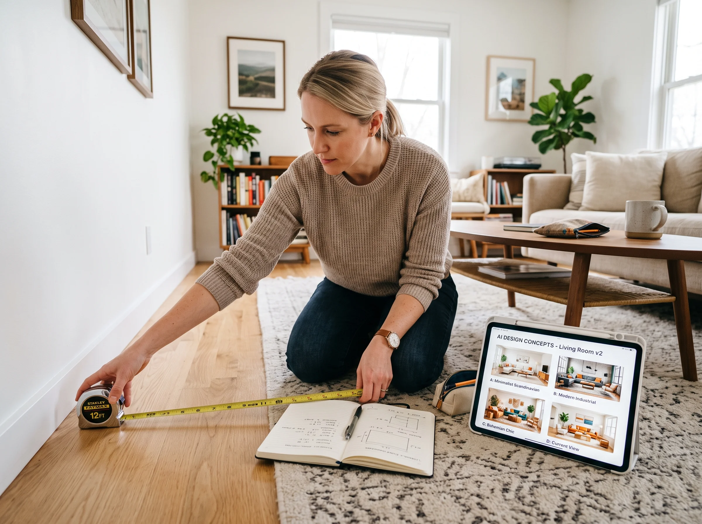 Homeowner preparing measurements and reference images before a designer meeting