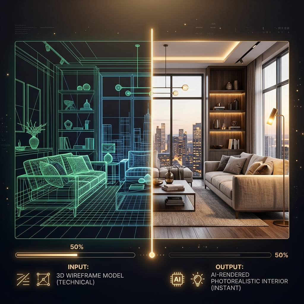 3D wireframe to photorealistic render comparison