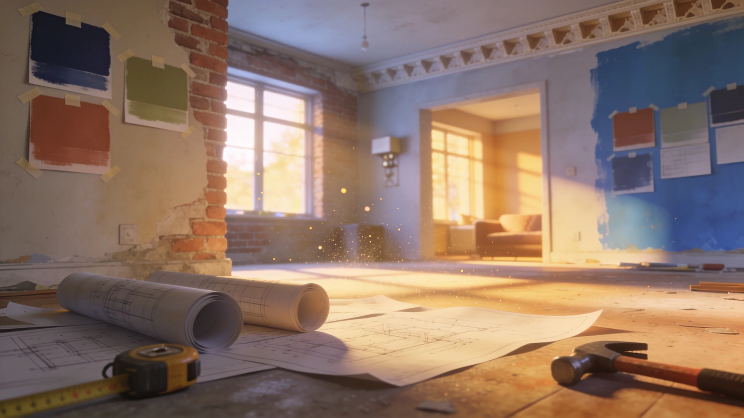 Home renovation planning with blueprints and construction materials