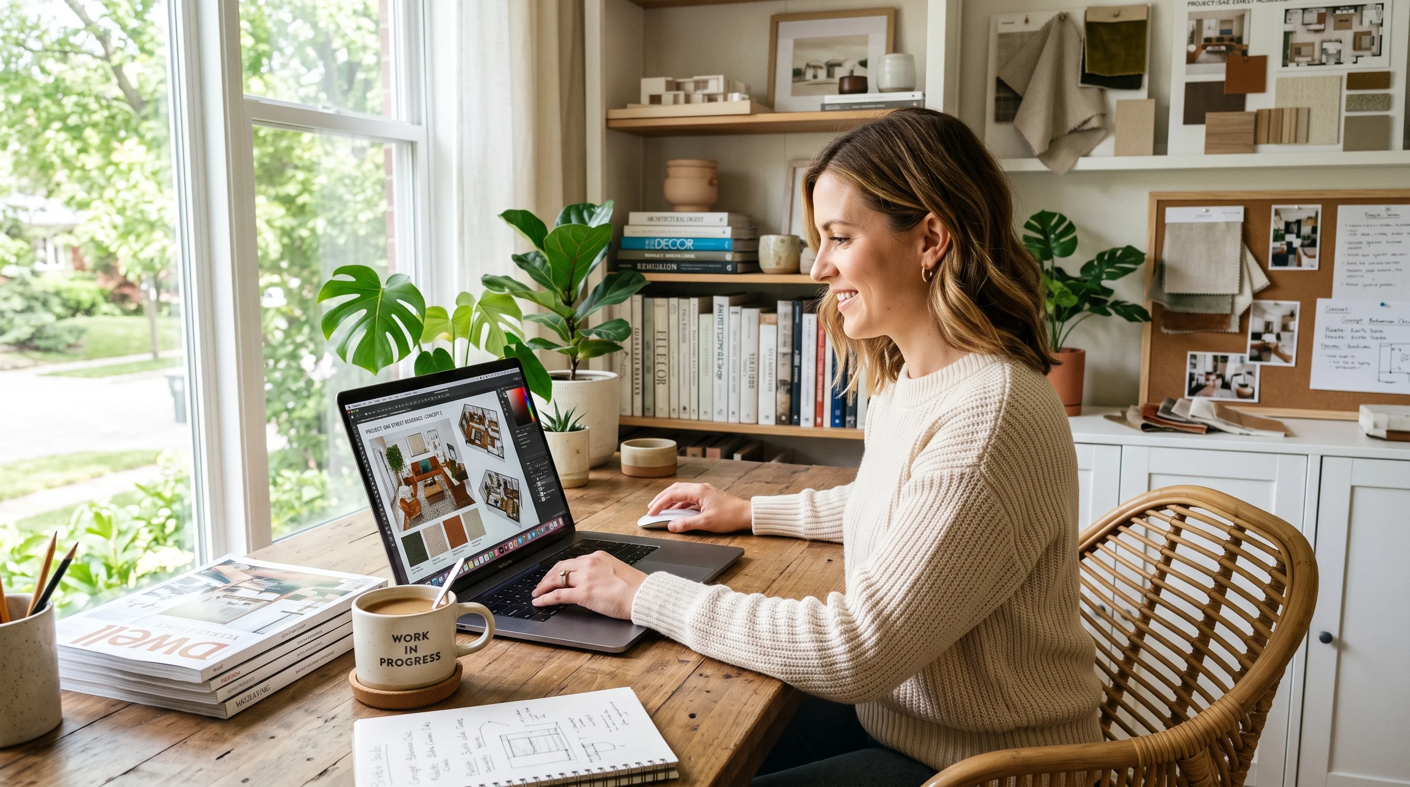 Interior designer working remotely on laptop running an e-design business