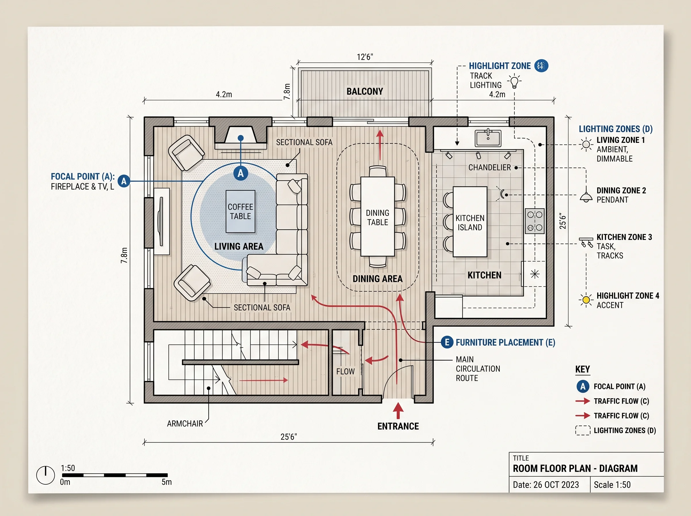 Interior designer planning a room layout with a professional checklist
