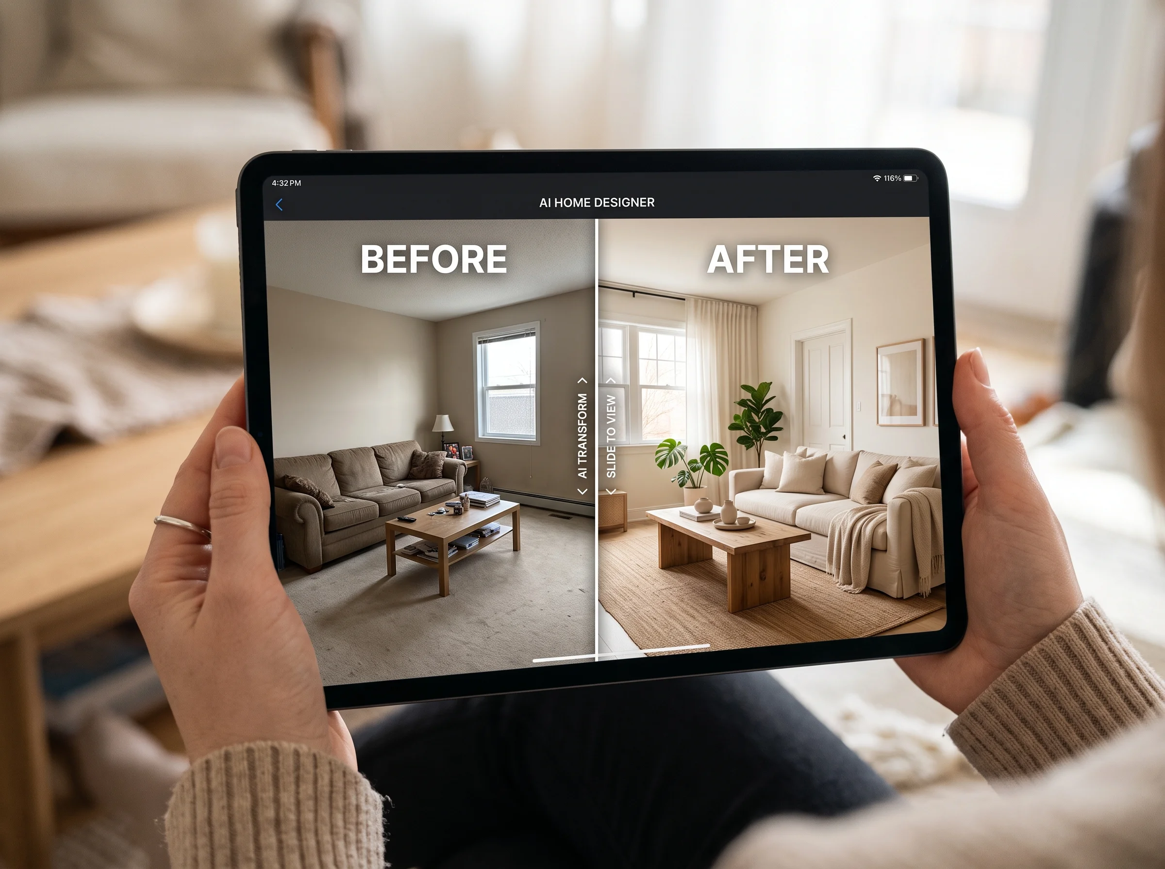 Before and after of a room redesigned by AI across multiple styles