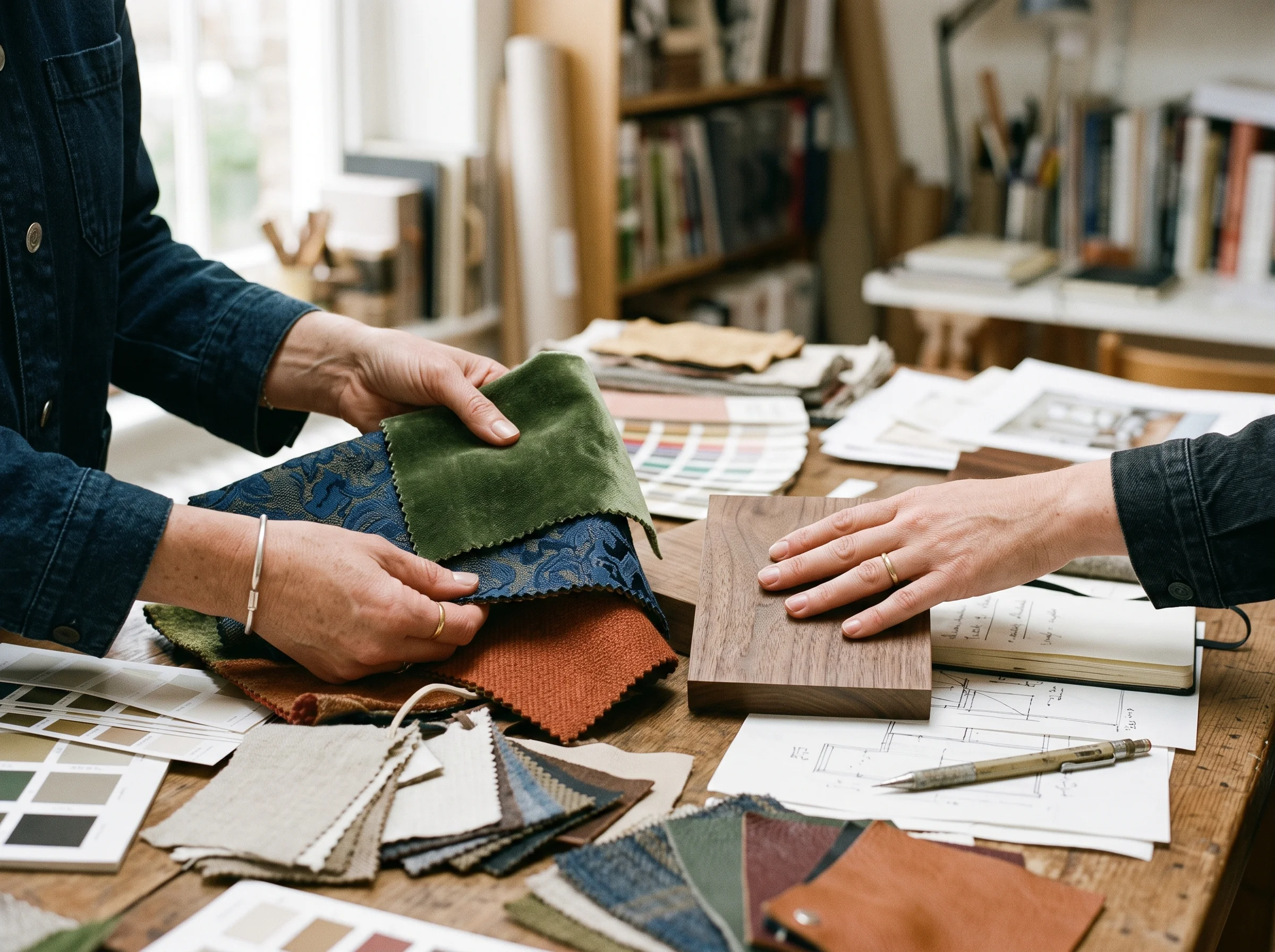 Professional designer handling materials on site, work AI cannot do