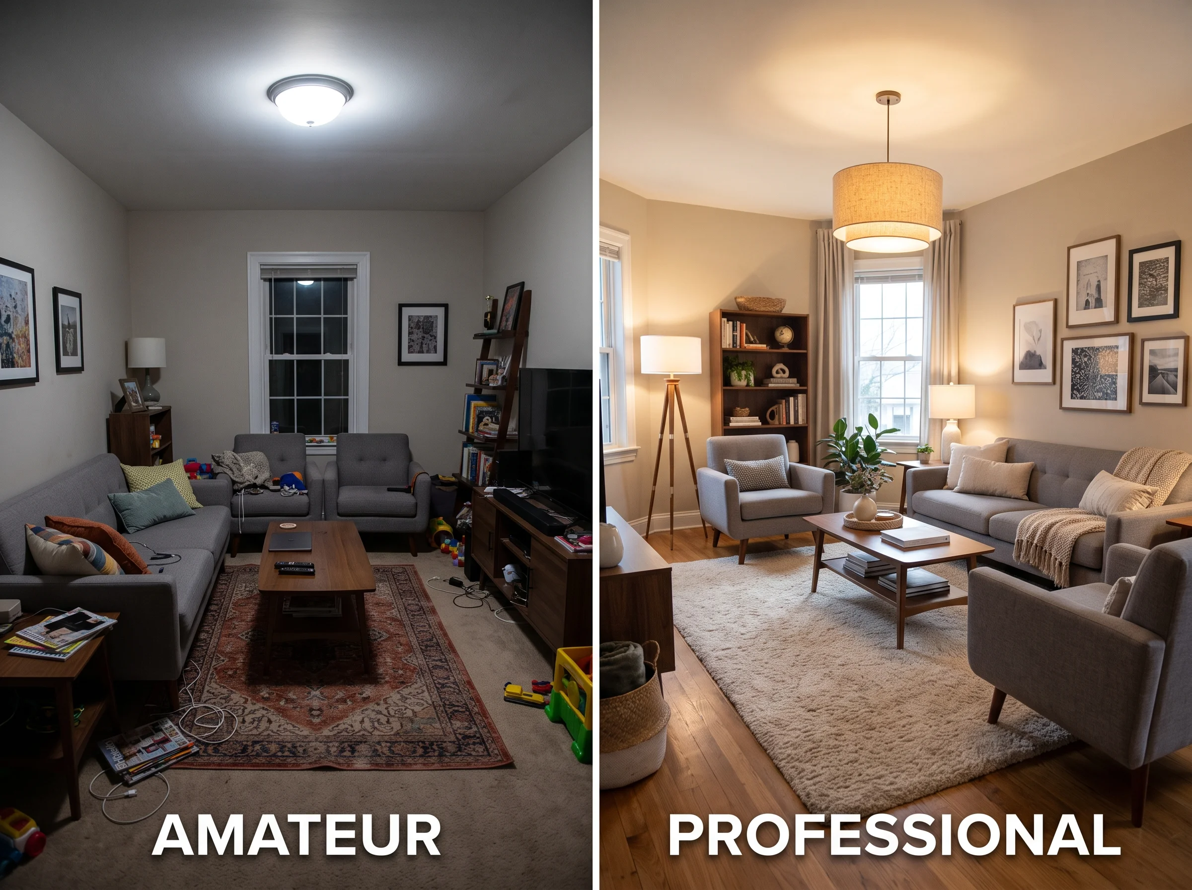 A professionally designed room next to an amateur version of the same space